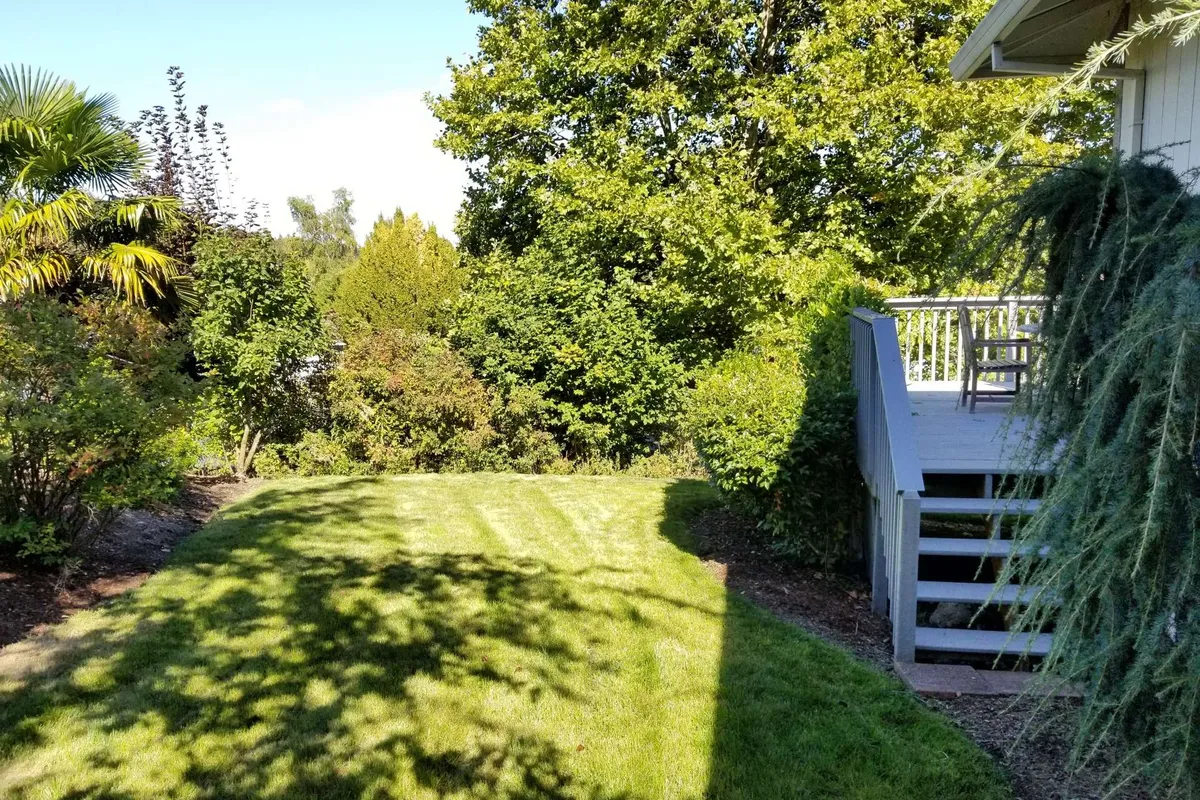 This image displays an exterior view featuring a well-manicured lawn bordered by lush greenery. Prominently, a deck with a comfortable chair is visible, set against the backdrop of a wooded area, evoking a tranquil and private atmosphere. The scene suggests a peaceful spot for relaxation, whether enjoying the sunset or sipping morning coffee surrounded by nature.